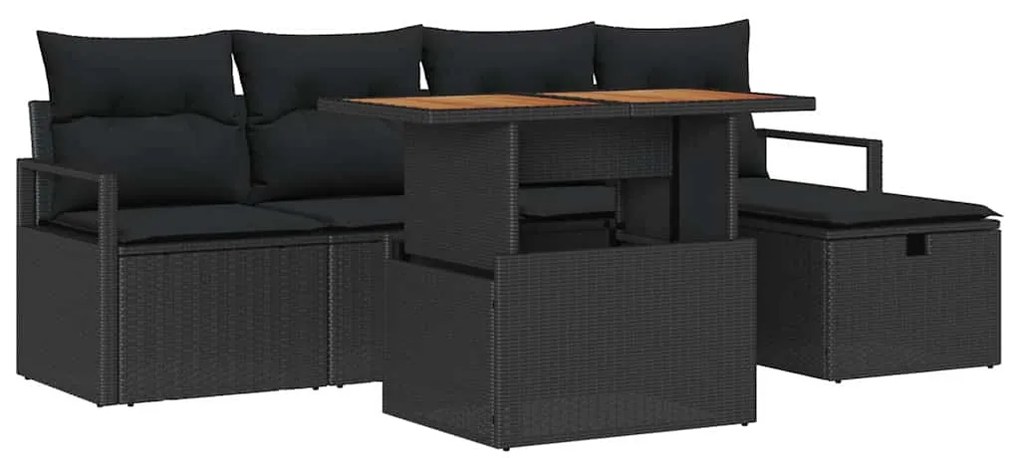 Conjunto de Sofá de Jardim com 6 Peças e Almofadas Pretas em Rattan e