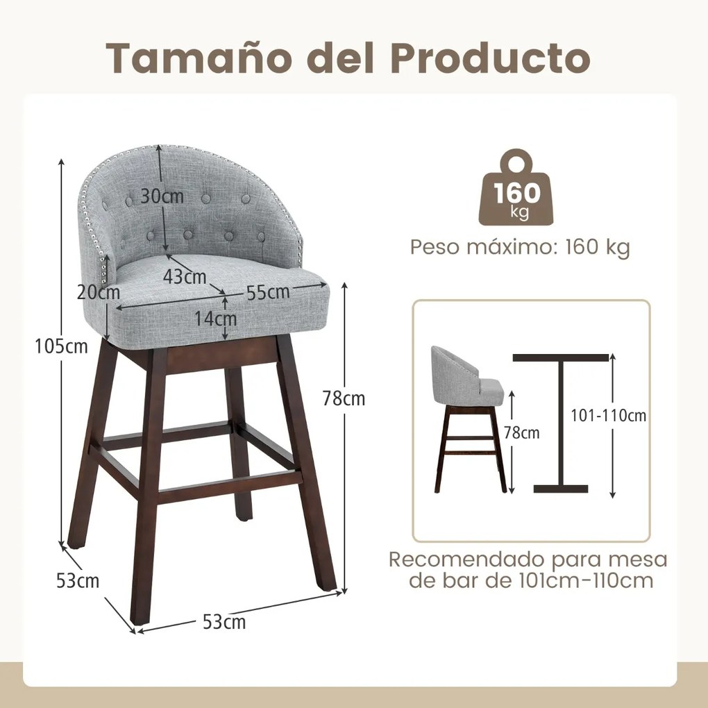 Conjunto de 2 bancos de bar giratórios com pernas de madeira de borracha encosto almofadado tecido de linho e rebite 55 x 53 x 105 cm Cinzento