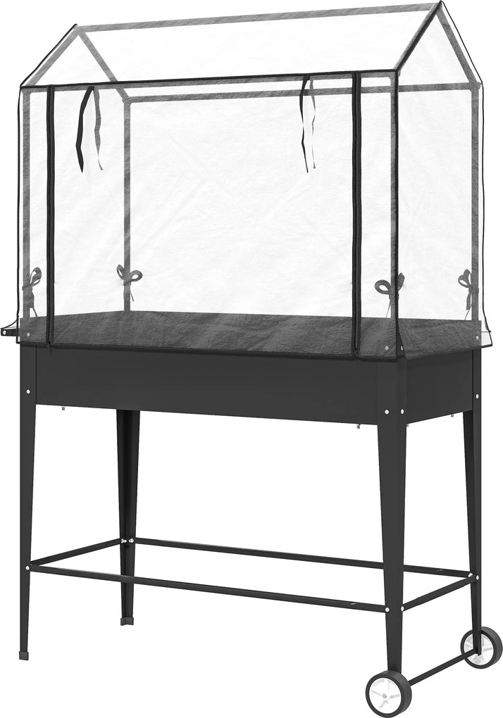 Floreira de horta sobre pés com cobertura de PVC, floreira elevada com rodas e orifício de drenagem, 100 x 45 x 152 cm, preto