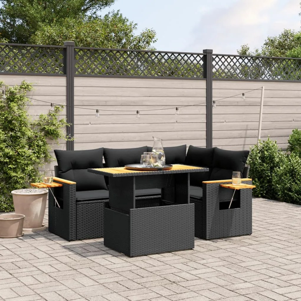 vidaXL 5 pcs conjunto sofás de jardim com almofadões vime PE preto