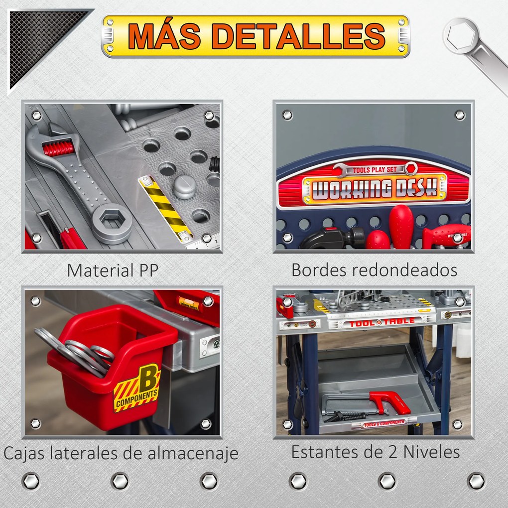 HOMCOM Bancada de Ferramentas para Crianças acima de 3 Anos Inclui 55 peças com Berbequim Elétrico Chave Inglesa Alicates Brinquedo de Aprendizagem 69x26,5x75cm Multicor