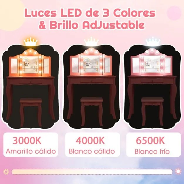 Conjunto de toucador e banco para raparigas 2 em 1 com espelho de vidro real triplo rebatível e gaveta Rosa