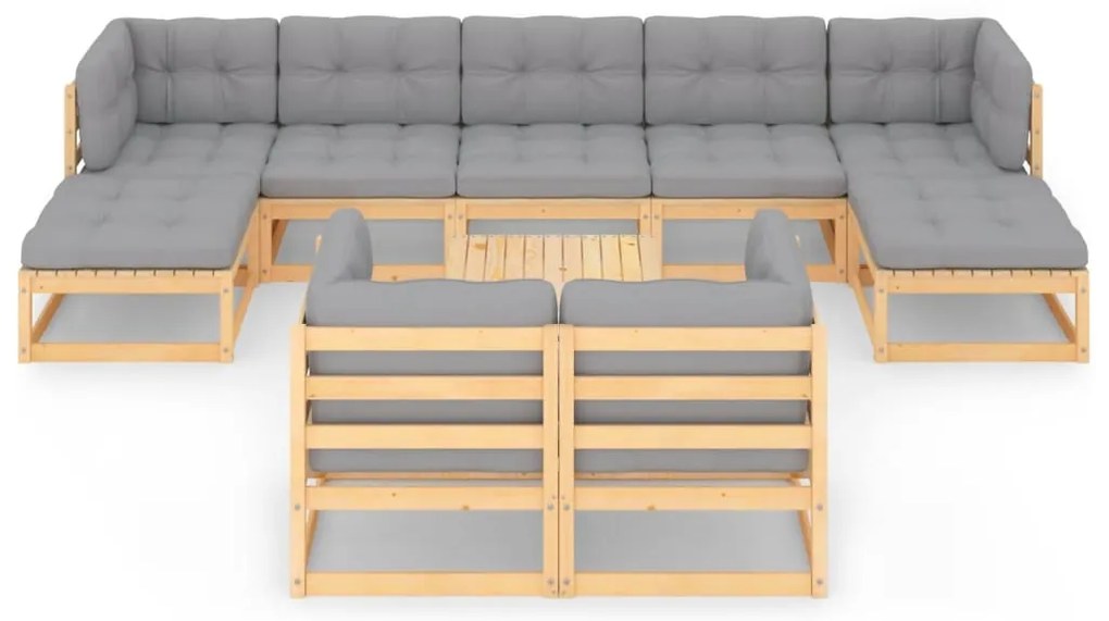 10 pcs conjunto lounge de jardim c/ almofadões pinho maciço