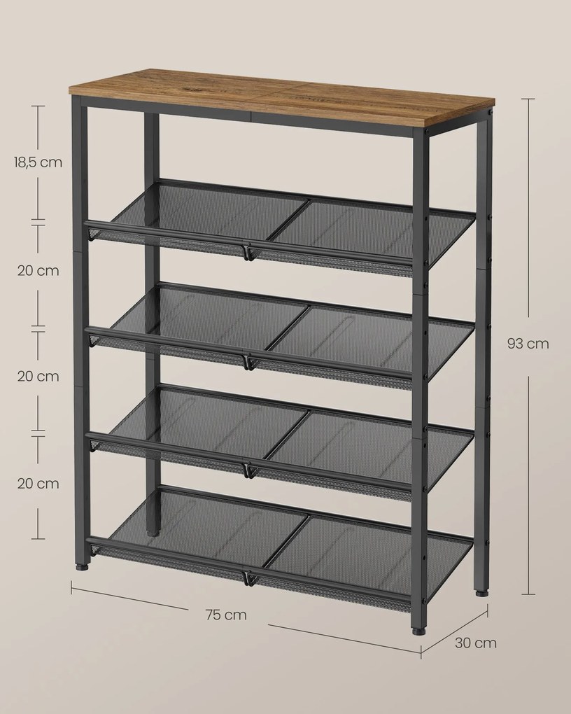 Sapateira com 5 níveis e prateleiras de grelha ajustáveis 30 x 75 x 93 cm Castanho + Preto