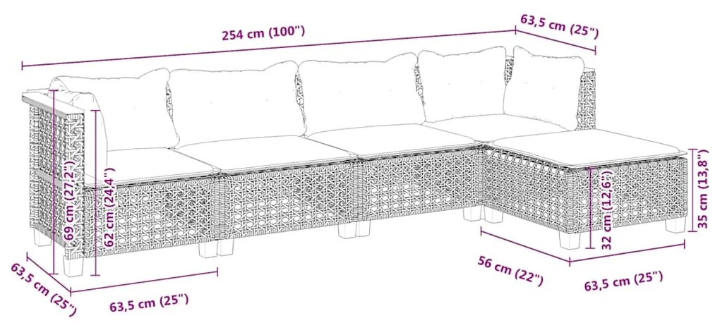 5 pcs conjunto de sofás p/ jardim com almofadões vime PE bege