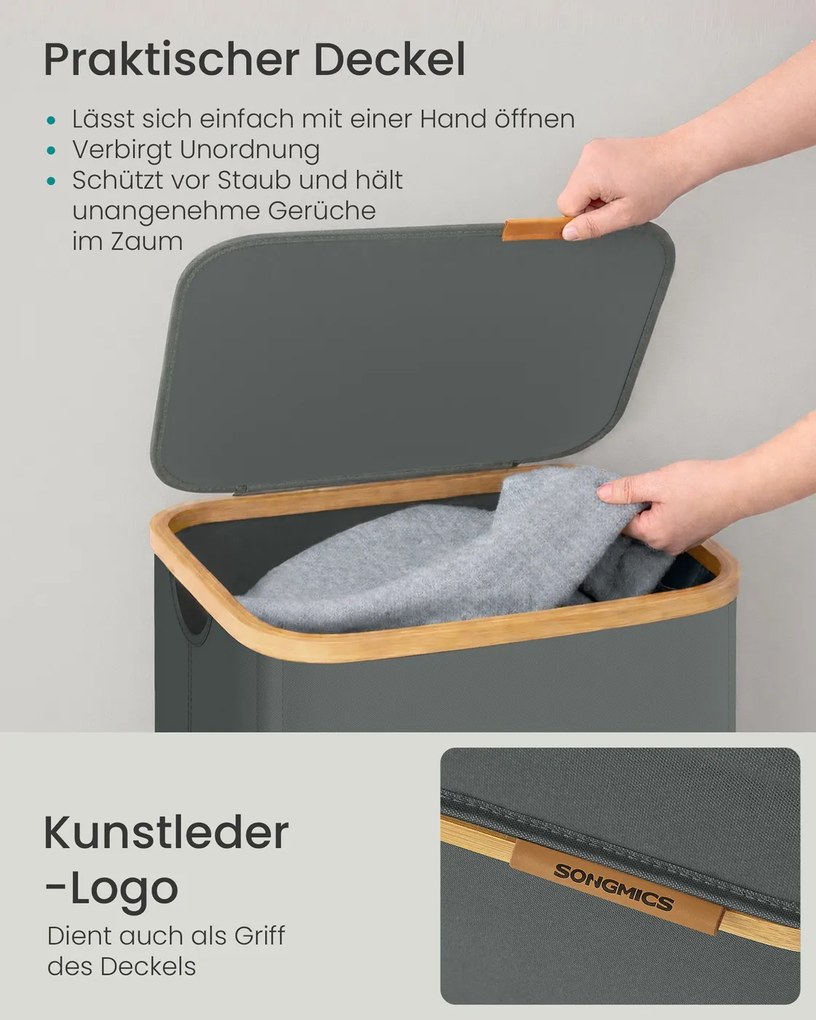 Cesto da roupa suja 42 x 32 x 30 cm com tampa, 40 litros, em tecido Oxford cinzento ardósia