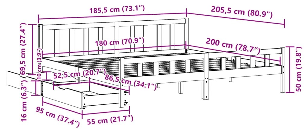 Cama sem colchão 180x200 cm pinho maciço castanho-mel