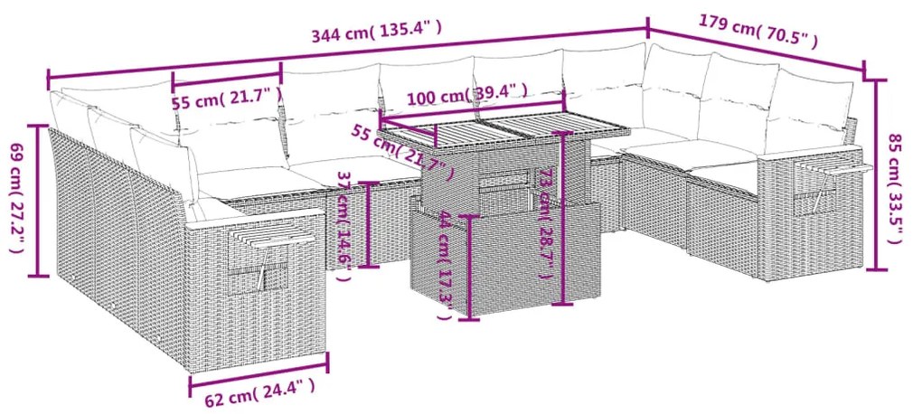 11 pcs conjunto sofás de jardim c/ almofadões vime PE preto