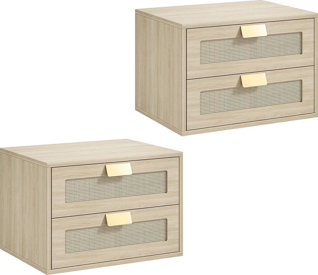 HOMCOM Conjunto de 2 Mesinhas de Cabeceira Suspensas com 2 Gavetas e Frente em Rotim Natural para Quarto 40x30x27,6 cm Carvalho | Aosom Portugal