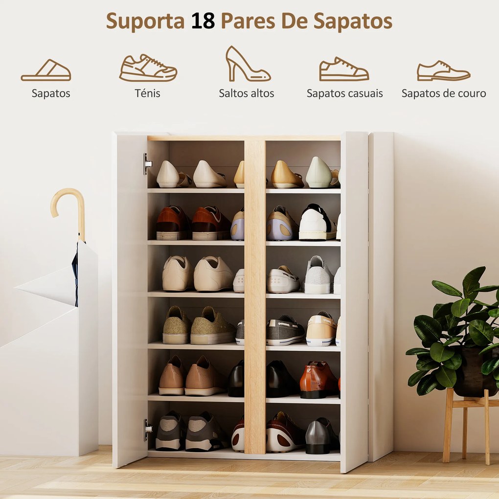 Sapateira de 6 Níveis com 2 Portas em Branco Brilhante com Fechamento Suave e Prateleiras Ajustáveis 70x33,5x95 cm Branco