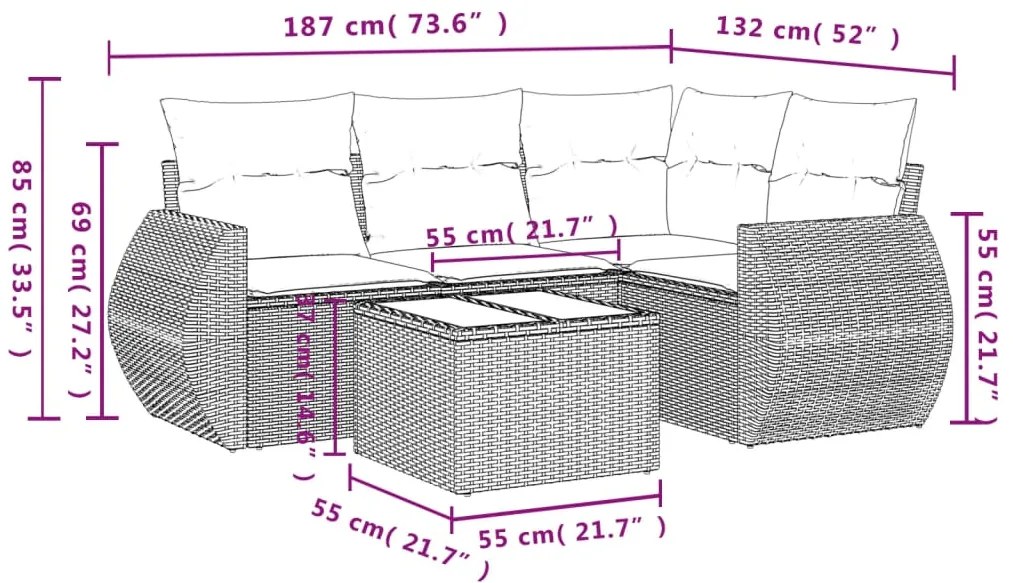 5 pcs conjunto de sofás p/ jardim com almofadões vime PE bege