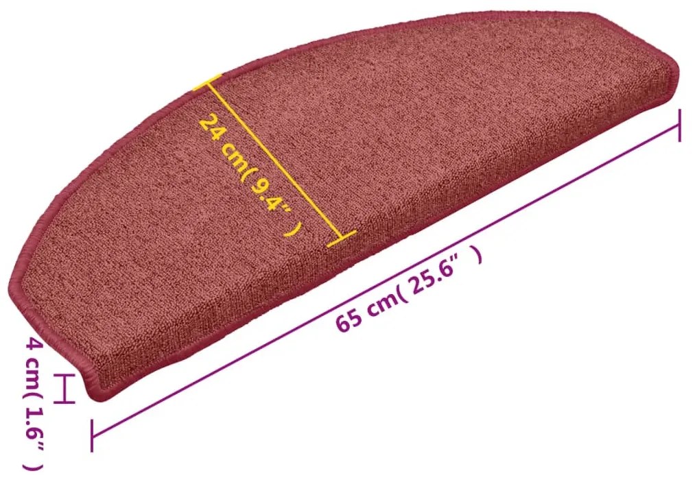 Tapete/carpete para degraus 15 pcs 65x24x4 cm vermelho