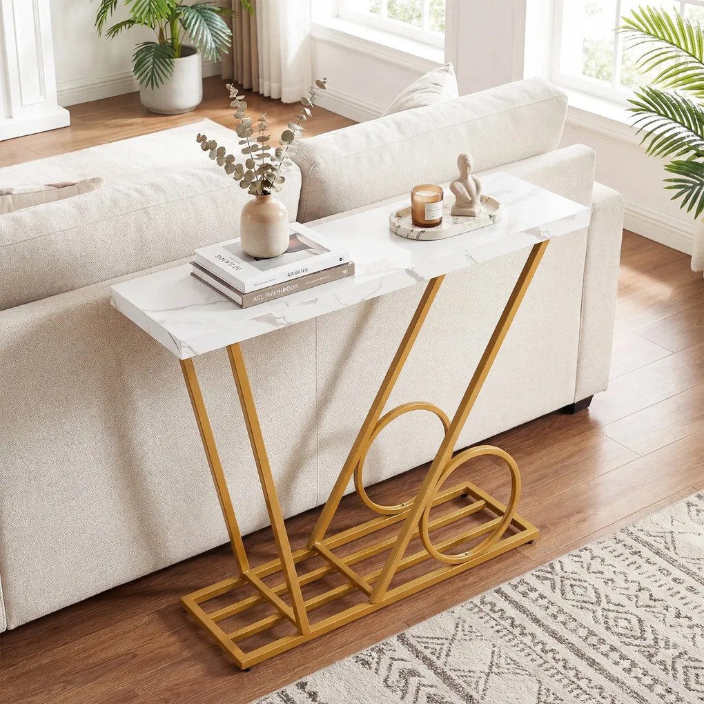 Mesa Consola moderna 100 x 29,5 x 81 cm com tampo em mármore sintético e Estrutura metálica para corredor, sala de estar ou entrada, Branca e Dourada