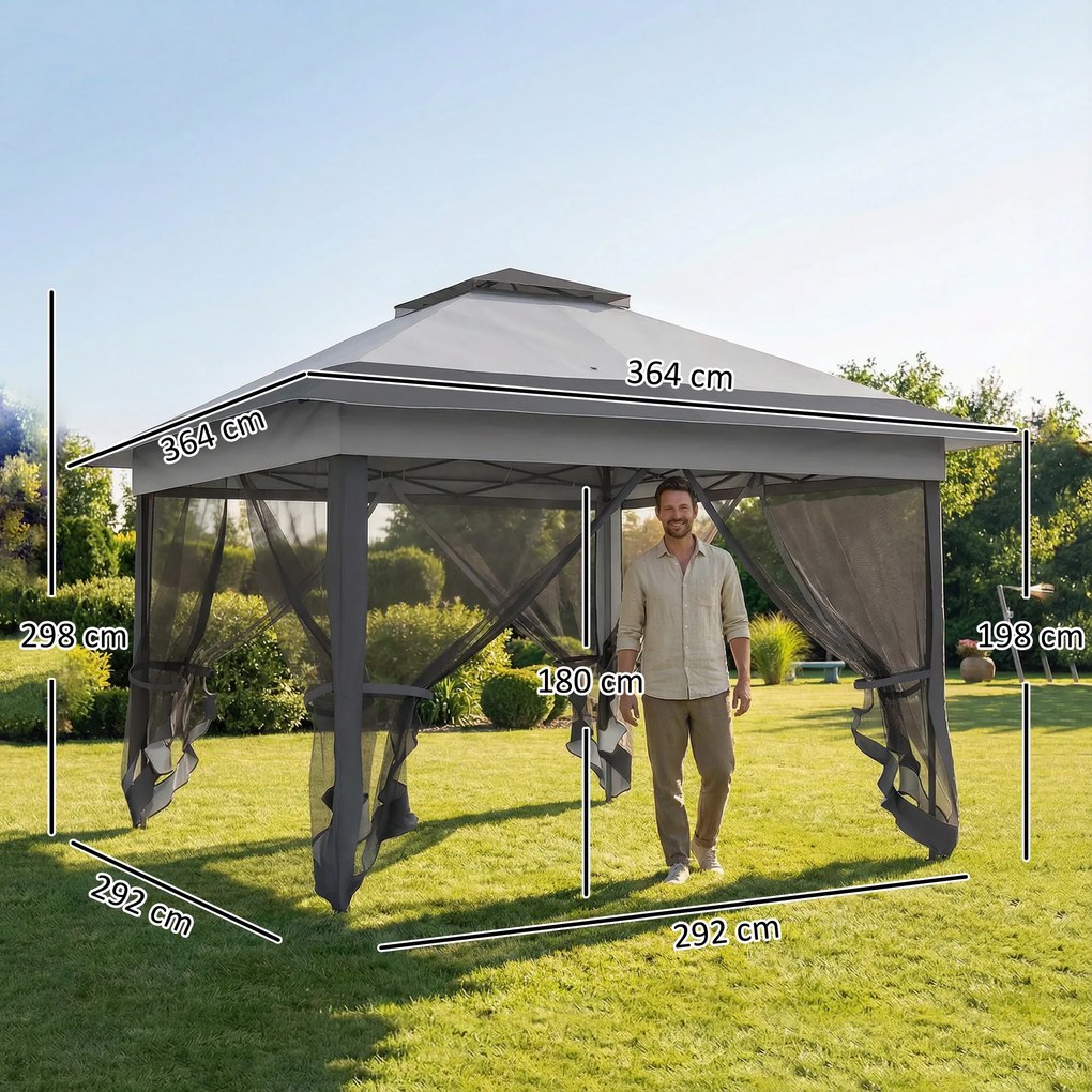Tenda de Jardim Pop-up, 364 x 364 x 298 cm, Com Redes Mosquiteiras, Cinzento
