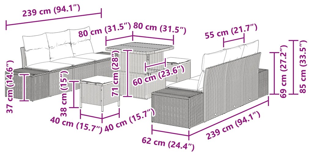Conjunto de Sofás de Jardim de 9 Peças com Almofadas Vime Poli Acácia