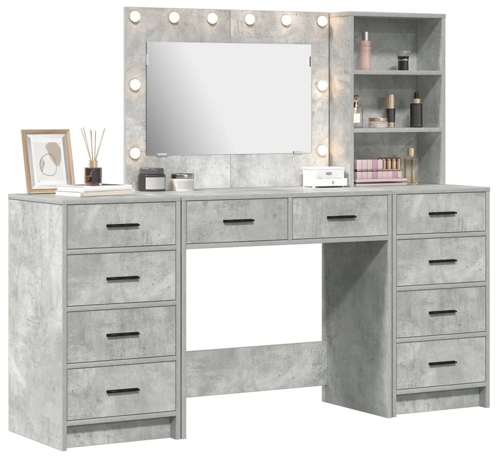 Conjunto de Mesa de Maquilhagem 3 Peças com LED Cinza Concreto Madeira