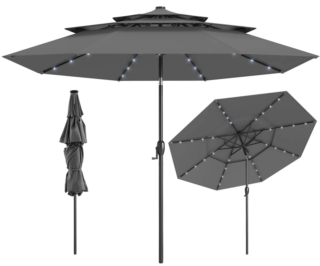 Guarda-sol solar de 10 pés com 32 luzes LED, parte superior ventilada de 3 camadas, bege