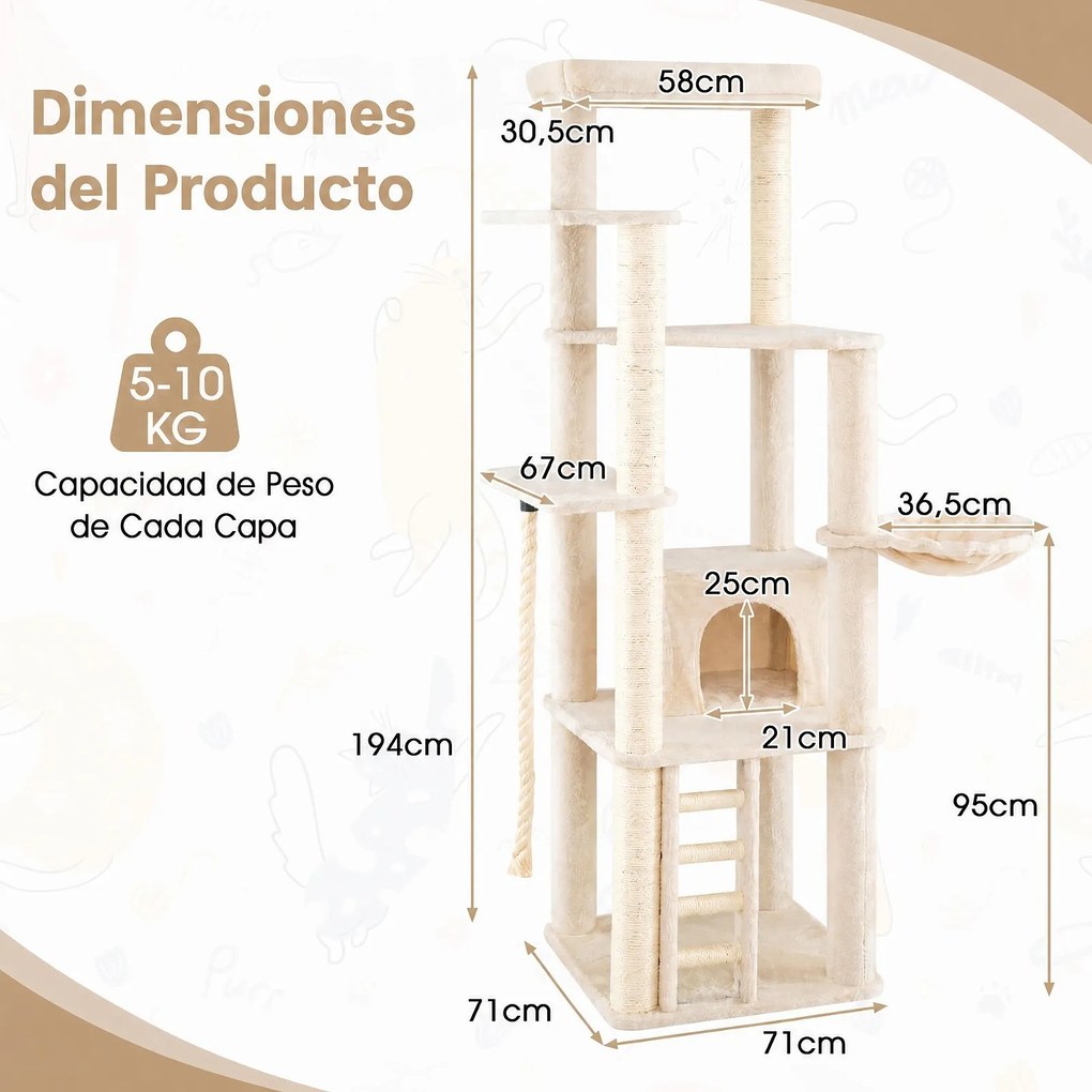 Árvore para Gatos de 5 Níveis, 71 x 71 x 194 cm, Para Vários Gatos, Bege