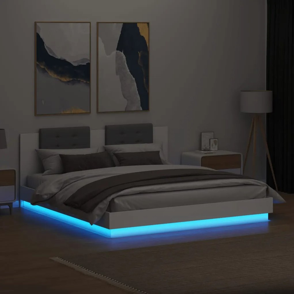 Estrutura de cama com cabeceira e luzes LED 180x200 cm branco