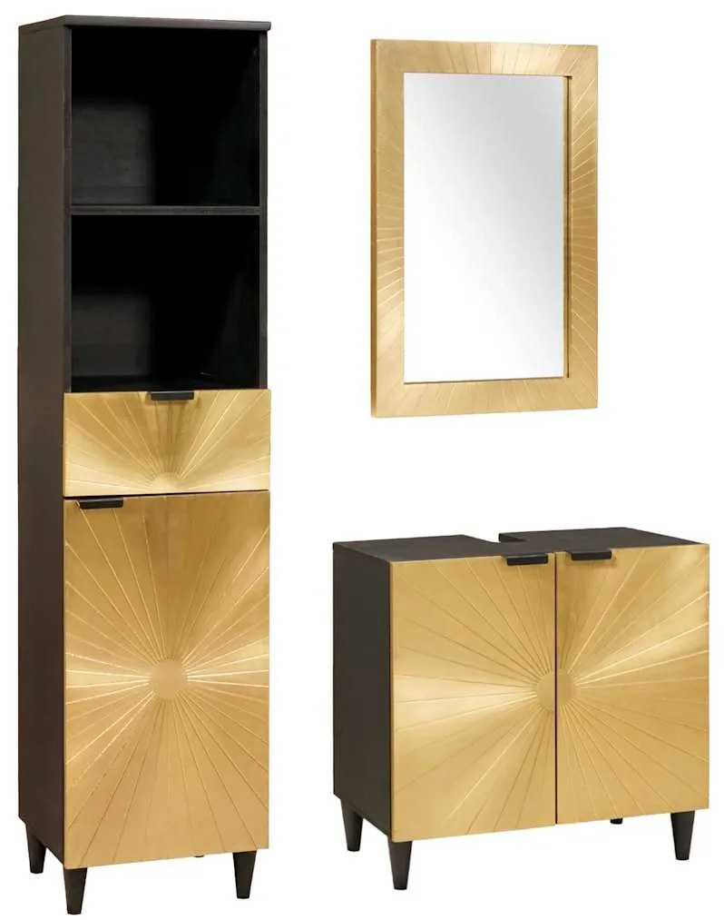 vidaXL Conjunto de Armários para Banheiro com porta 3 pcs Preto e Ouro