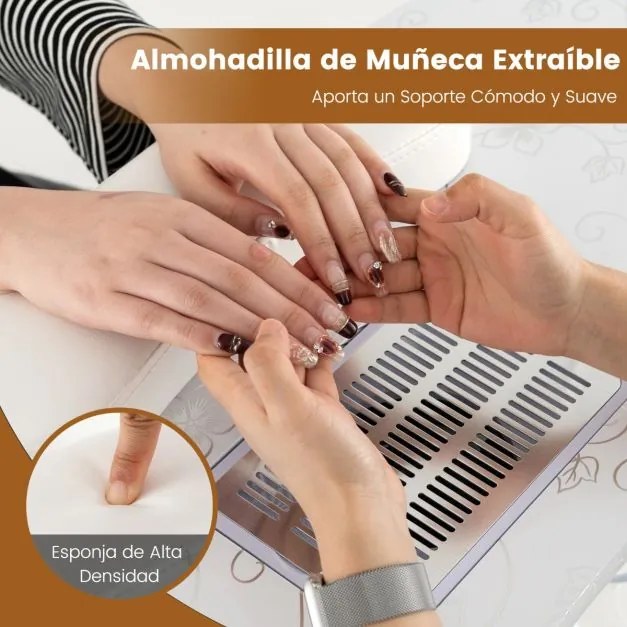 Mesa de manicure unhas portátil com lâmpada LED ajustável Coletor de pó elétrico 4 rodas bloqueáveis 90 x 43 x 73 cm Branco