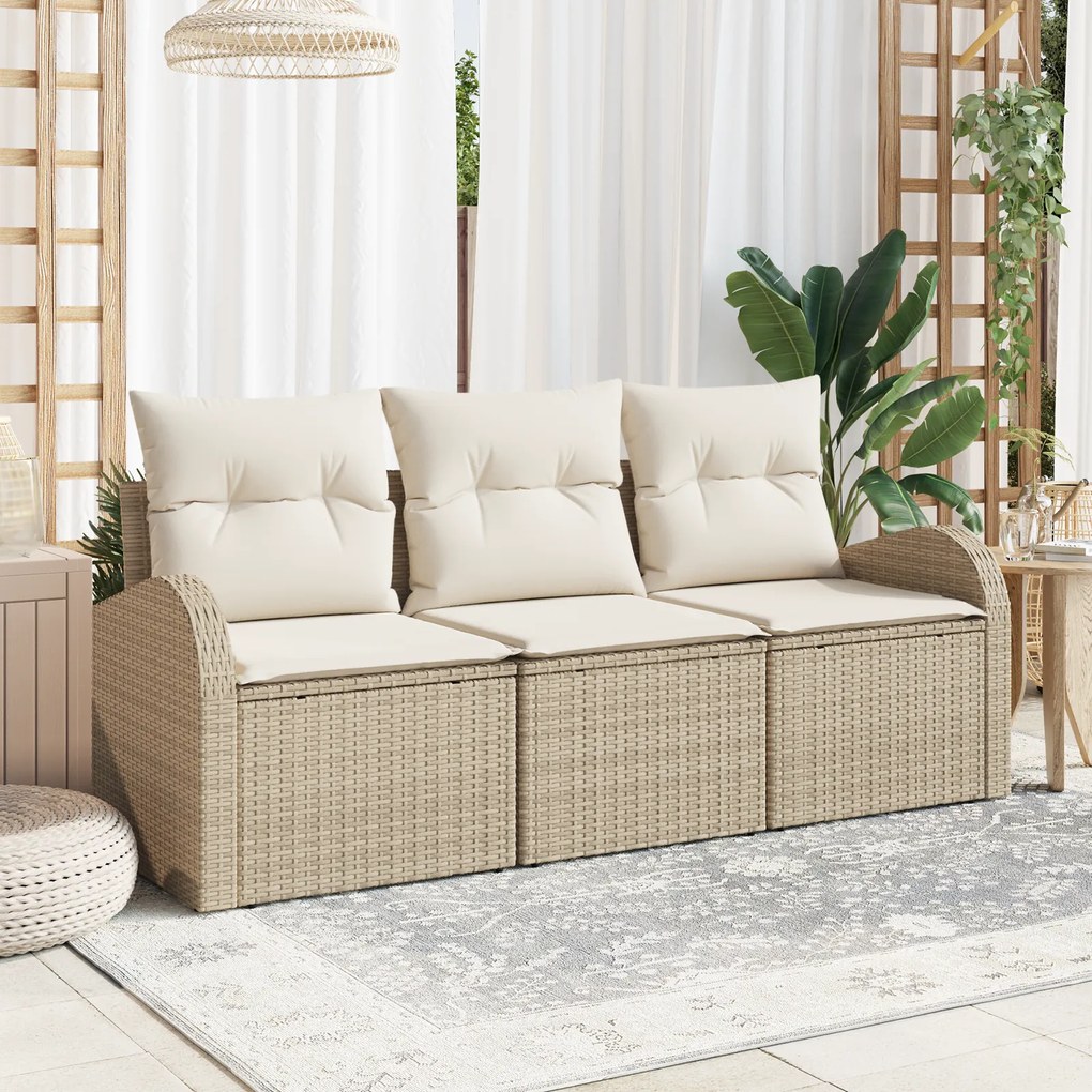 Conjunto de Sofá de Jardim de 3 Peças com Almofadas Bege Polirattan