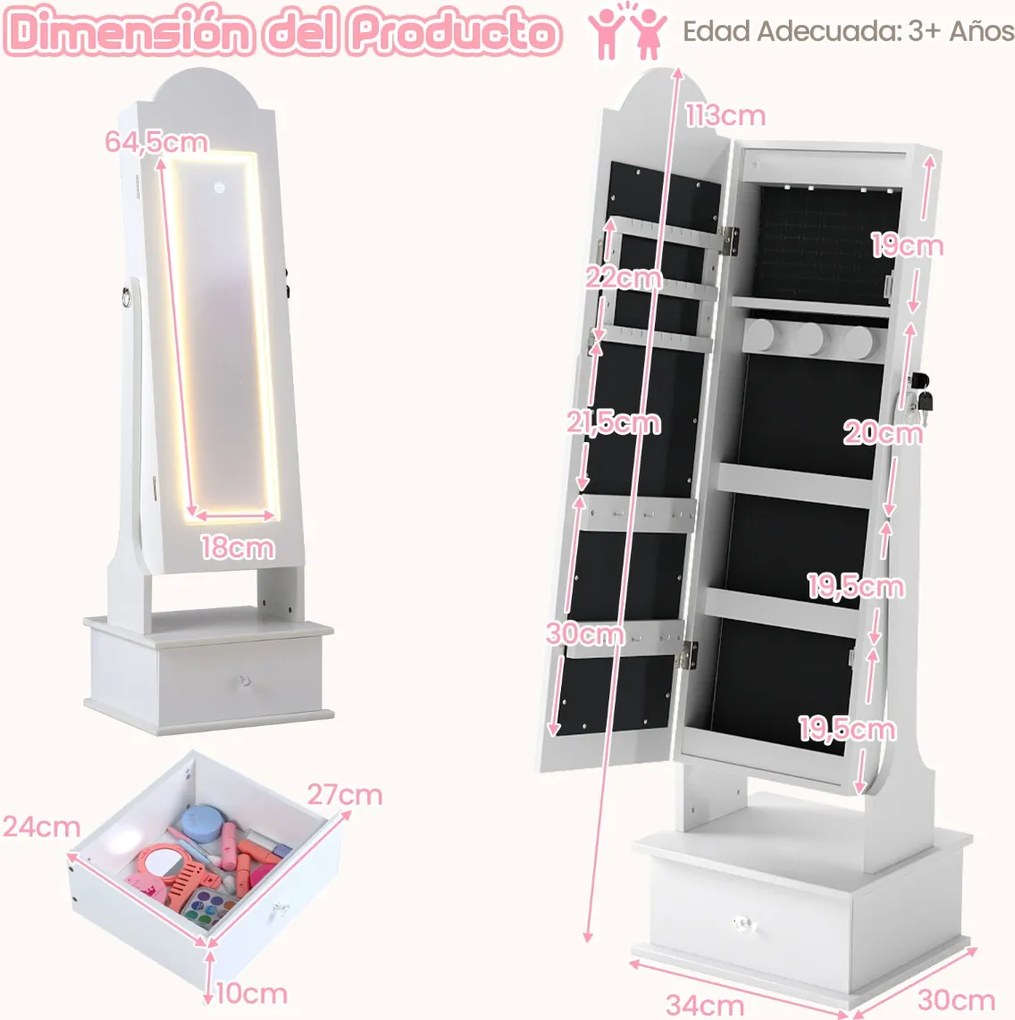 Armário para joias infantil 30,5 x 30,5 x 117,5 cm com espelho de corpo inteiro e 4 luzes com sensor estilo princesa Branco