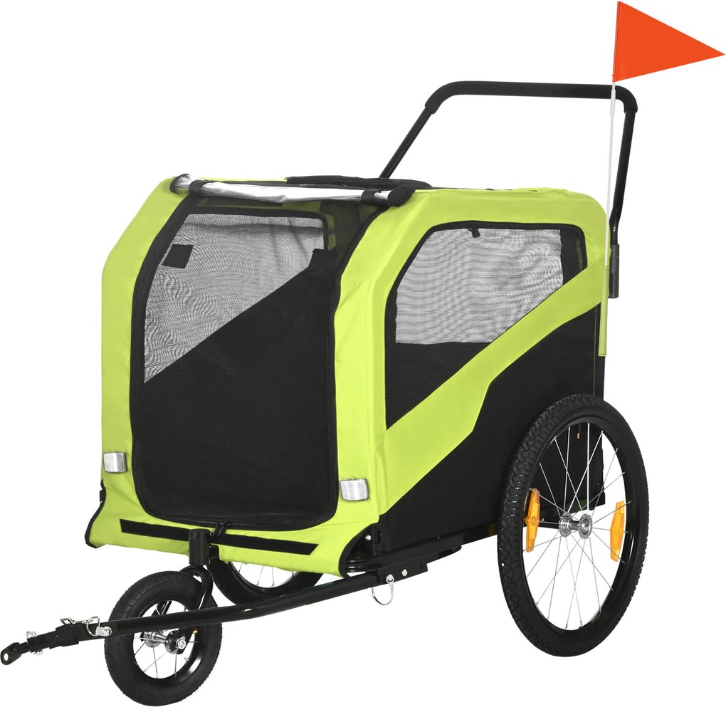 PawHut Reboque 2 em 1 para cães, função de carrinho, 2 entradas, janelas de rede, proteção solar, estrutura de aço, verde, 170 x 77 x 90 cm | Aosom Portugal