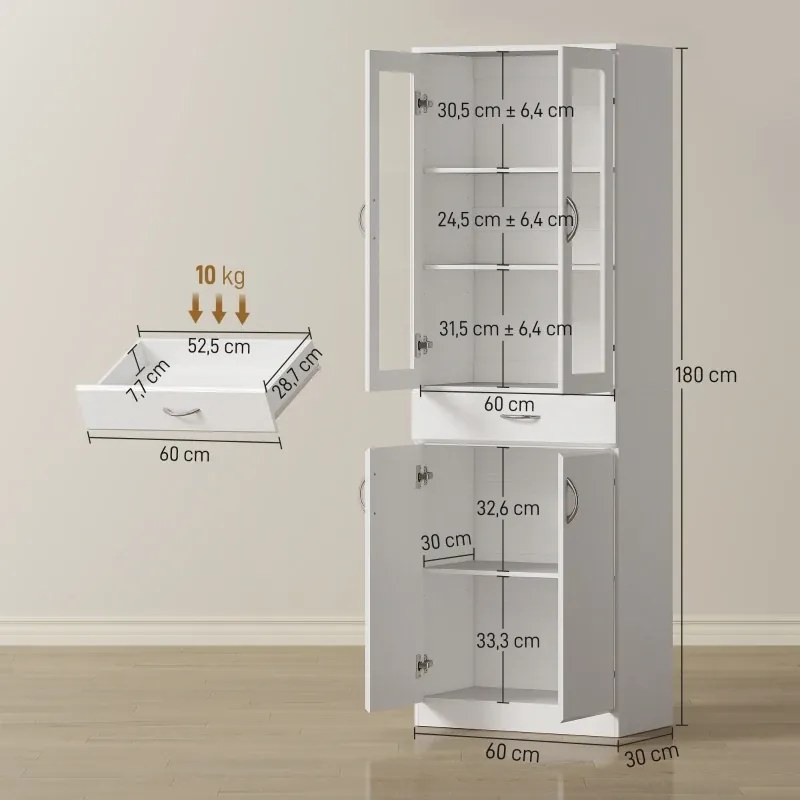Armário de Cozinha 60x35x180 cm com 2 Armários e uma Gaveta, Prateleiras Reguláveis e Portas de Vidro Branco