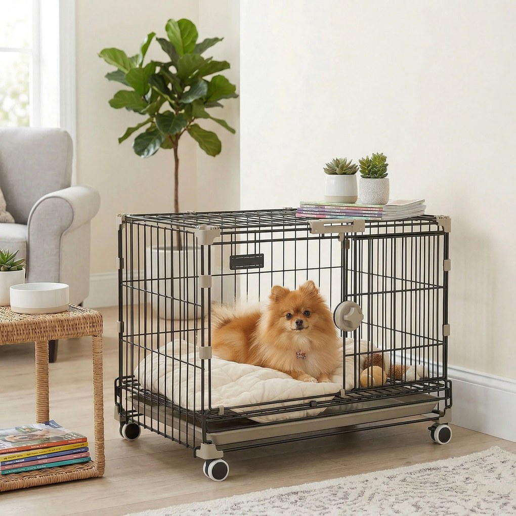 Gaiola dobrável para cães, tabuleiro removível, rodas com travões, teto abrível com fecho de segurança, 60,5 x 45,5 x 54,5 cm, preta