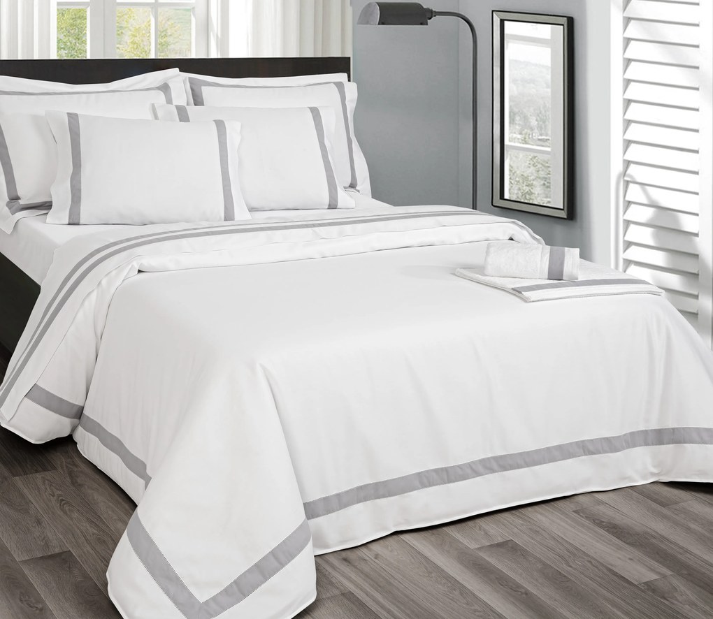 Jogo de lençóis 100% algodão branco penteado percal 200 fios: Branco / Cinza 1 lençol de baixo ajustavel 150x200+30 cm + 1 lençol de cima 240x290 cm + 2 fronhas 50x70 cm fecha com pala interna