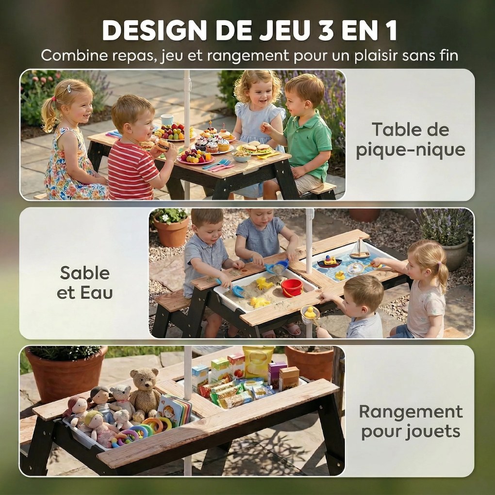 Mesa de piquenique infantil com guarda-sol, conjunto de jardim 3 em 1 em madeira para crianças dos 3 aos 6 anos com 2 caixas, natural