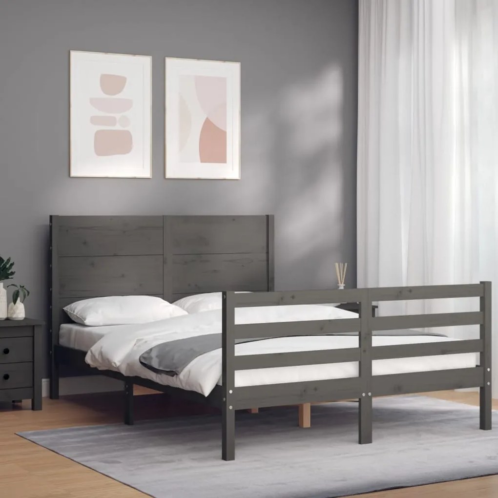 Estrutura de cama de casal c/ cabeceira madeira maciça cinzento