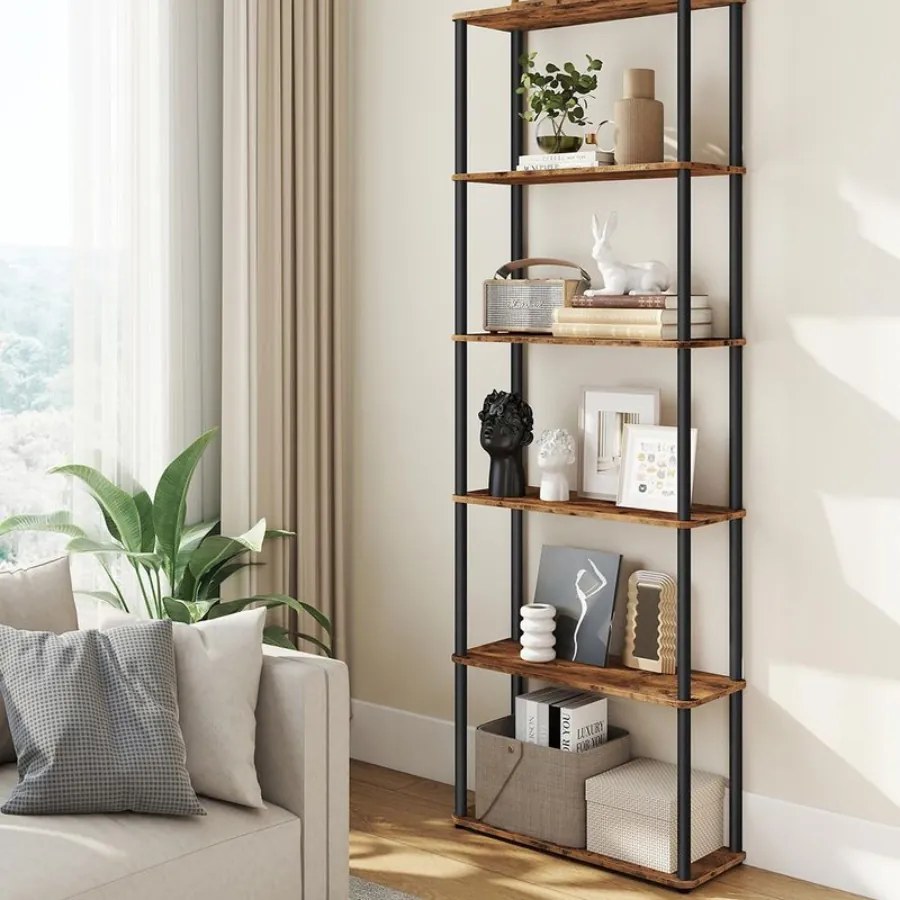 Estante com 6 prateleiras e montagem sem ferramentas 23,8 x 60 x 173,4 cm Castanho vintage + Preto