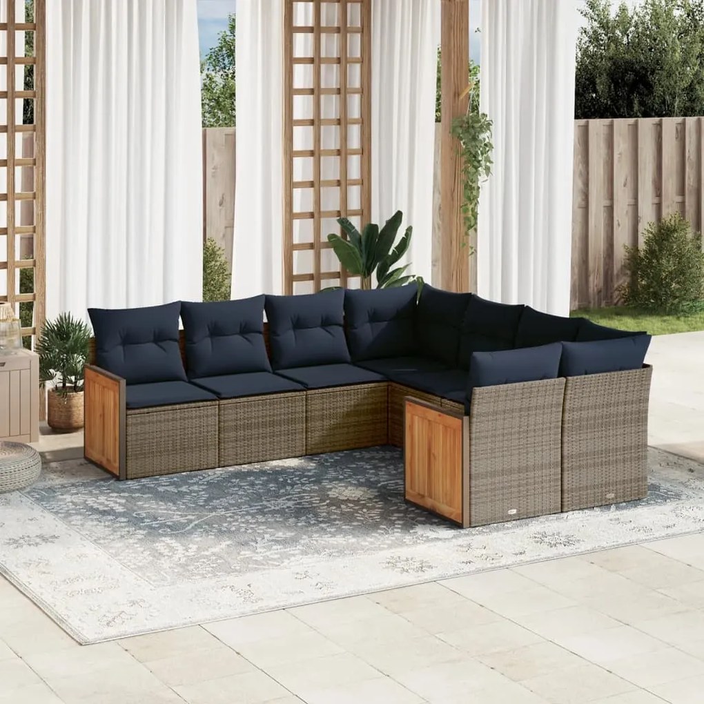 vidaXL 8 pcs conjunto sofás p/ jardim c/ almofadões vime PE cinzento
