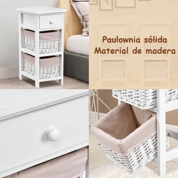 Conjunto de 2 mesas de cabeceira modernas com 1 gaveta e 2 caixas organizadoras para casa, sala, quarto, 28 x 26 x 59,5 cm brancas