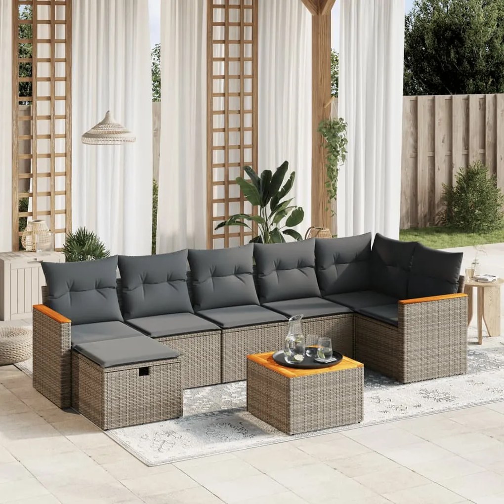 vidaXL 8 pcs conjunto sofás de jardim c/ almofadões vime PE cinzento