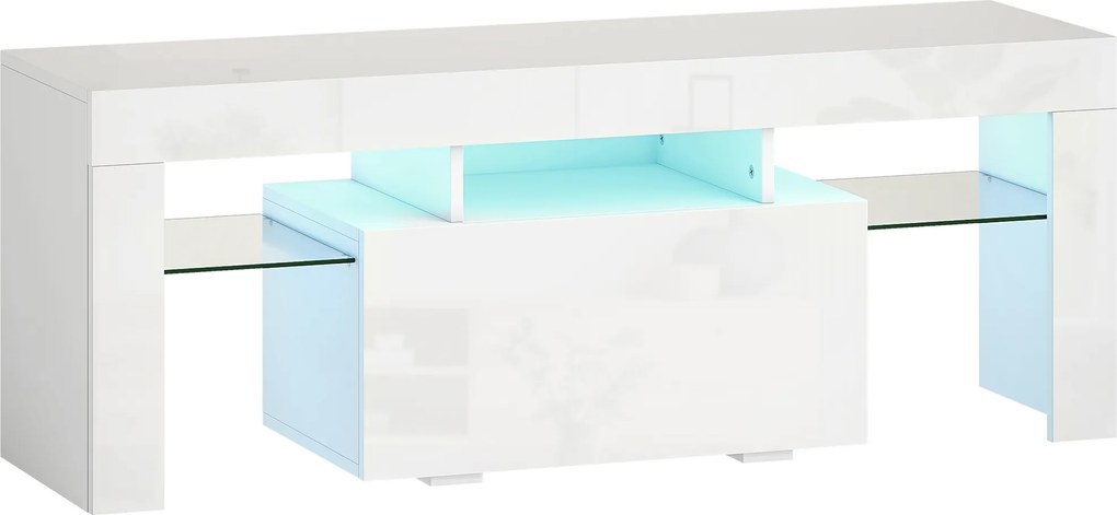 HOMCOM Móvel de TV 120 cm com LED Rgb Acabamento Ultrabrilhante e Prateleiras em Vidro Branco | Aosom Portugal