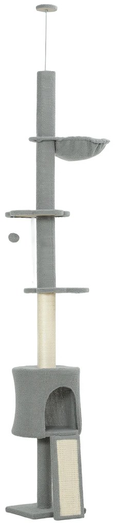 Arranhador para Gatos de Chão a Teto com Altura Ajustável de 220-240 cm Rede Plataformas em Flor Cavernas Rampa e Bola Cinza