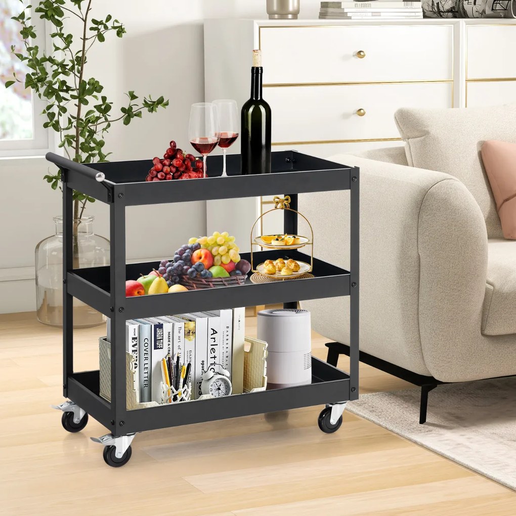 Carrinho de metal multifuncional 77,5 x 38 x 79 cm com 3 prateleiras e pega ergonómica Rodas para escritório ou garagem Preto