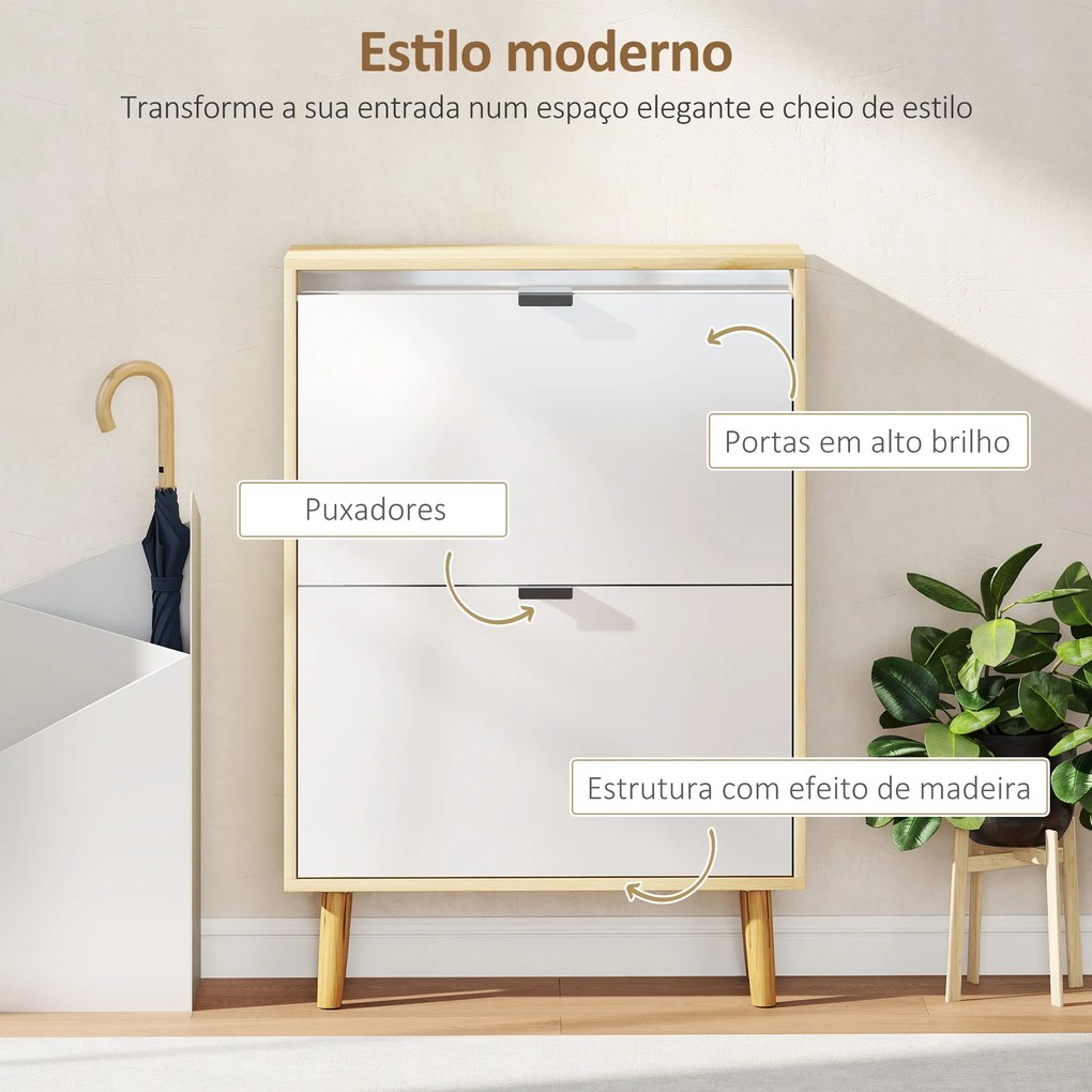 Sapateira Estreita com 2 Portas em Branco Brilhante e Estantes Ajustáveis Pés de Madeira para 12 Pares de Sapatos 60x24x91 cm