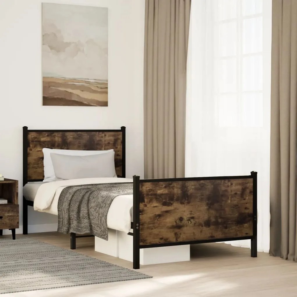 Estrutura de cama sem colchão 75x190 cm metal carvalho fumado