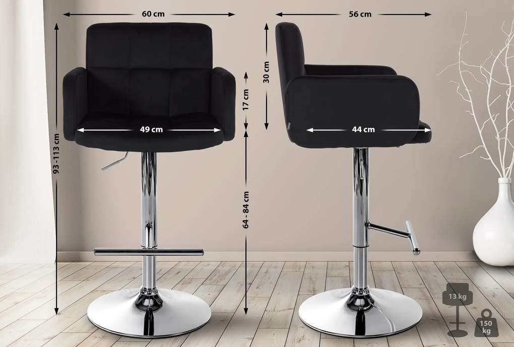 Banco de bar Los Angeles em veludo com estrutura cromada 93-113 x 60 x 56 cm Preto