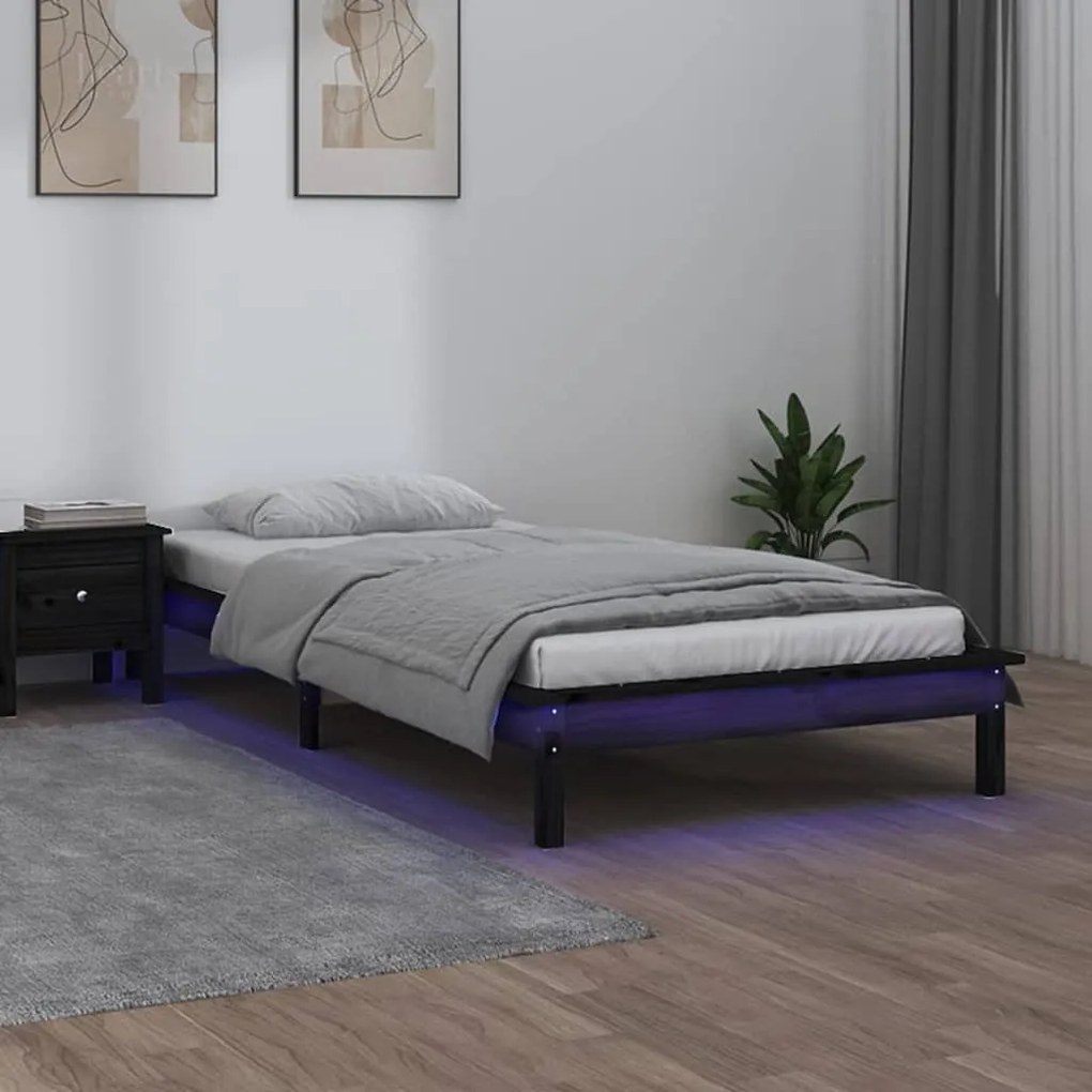 Estrutura de cama c/ luzes LED 90x200 cm madeira maciça preto