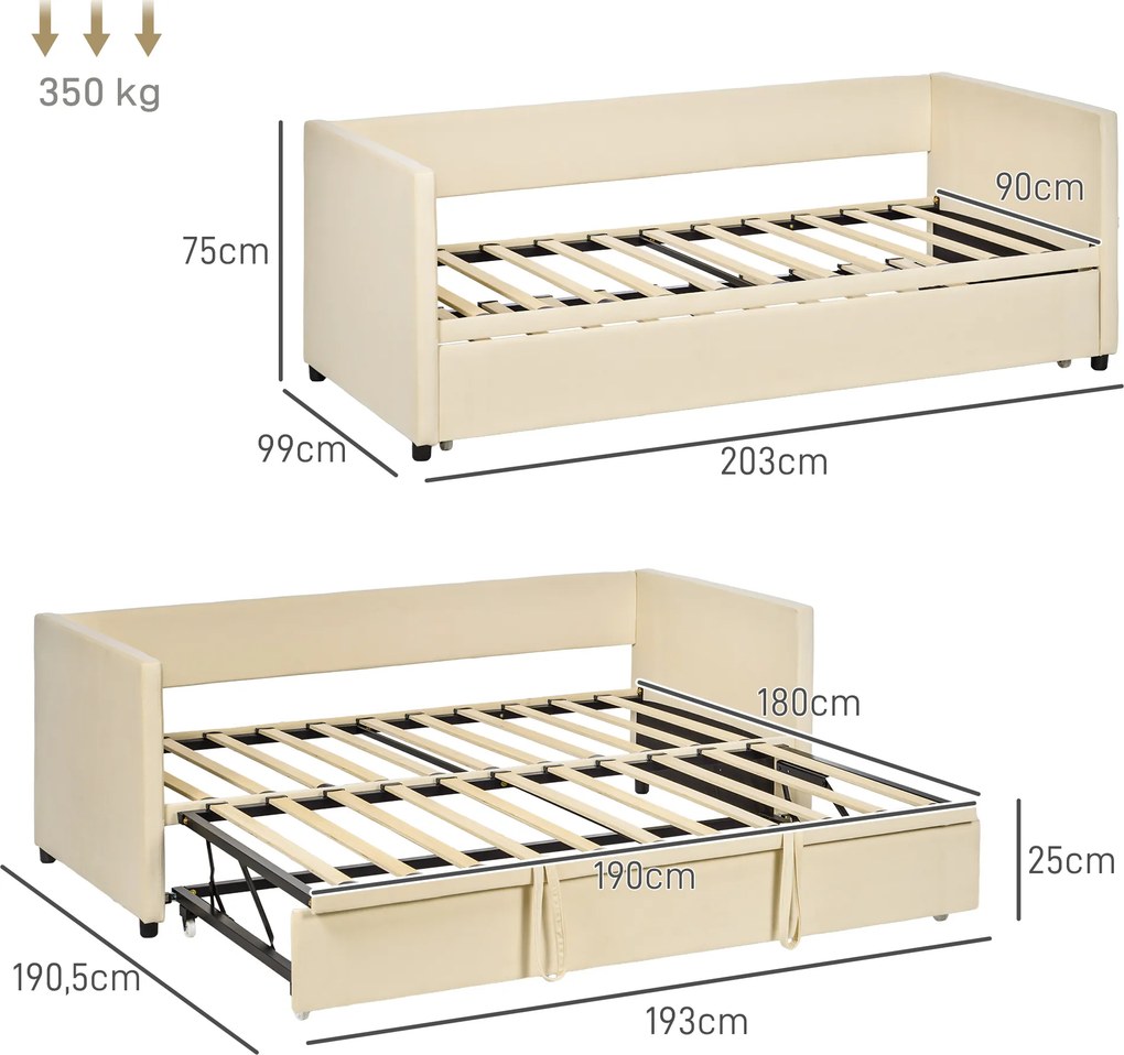 Estrutura de Sofá-Cama 2 em 1, 203 x 190,5 x 75 cm, (COLCHÕES NÂO INCLUIDOS)  Cabeceira Acolchoada Creme