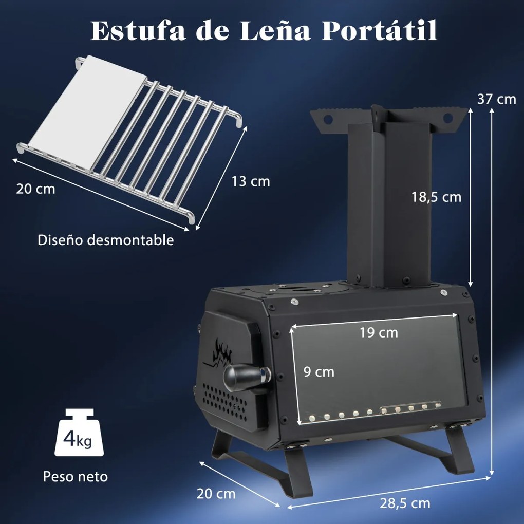 Fogão a lenha portátil com 2 posições de cozedura, pega da porta e janela de vidro resistente ao calor para cozinhar campismo