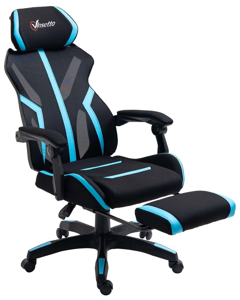 Vinsetto Cadeira de Gaming com Apoio para os Pés Retrátil Cadeira de Escritório Reclinável com Apoio para a Cabeça e Altura Ajustável 65x65x119-129cm Preto e Azul