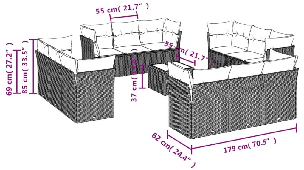 13 pcs conjunto de sofás p/ jardim com almofadões vime PE bege