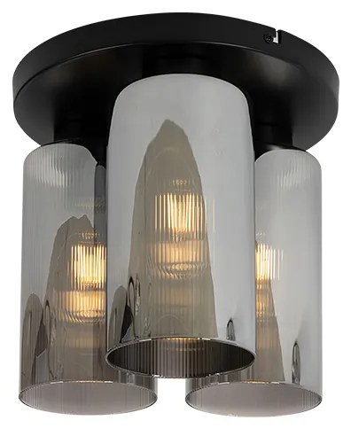Candeeiro de tecto Art Deco preto com vidro fumê 3 luzes - Laura Art Deco