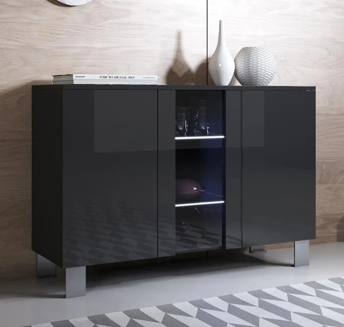 Aparador Moderno Valongo do Vouga – 120x82 cm – Preto com LED Azul e P
